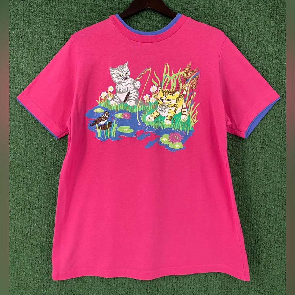 VTG 80’s Cat Kittens Birds Fishing Double Collar Pink T-Shirt Women’s SZ Large